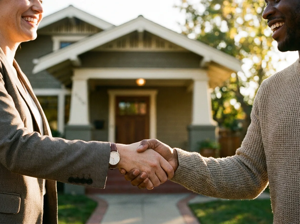 A real estate professional shaking hands with a homeowner in front of a house